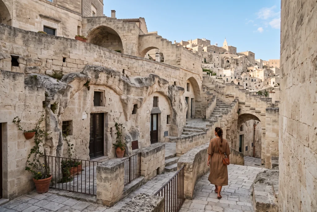 Como a cidade de Matera foi construída ao redor de casas escavadas na rocha?